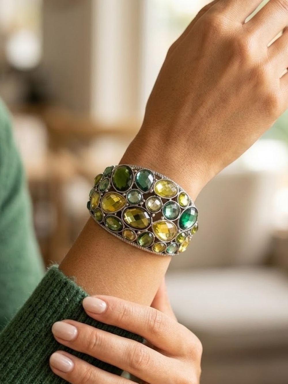 Vintage Shades of Green Crystal Statement Cuff Bracelet